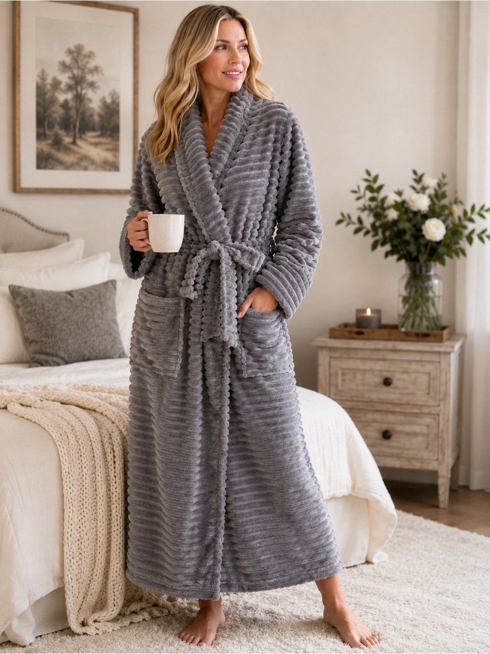 Soma Plush Long Robe Gray Ribbed Fleece Belted Pockets XXL